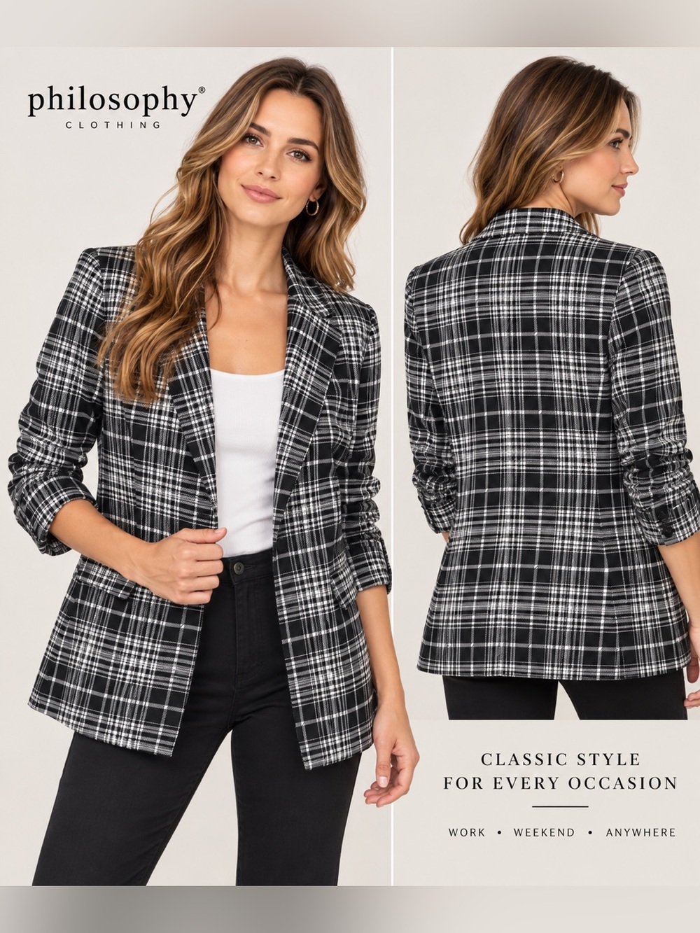 Philosophy Black White Plaid Blazer NWT Women’s S L Business Casual